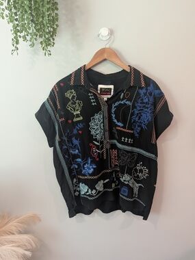 Johnny Was Black Embroidered Silk Short-Sleeve Button-Down Shirt Sz Small